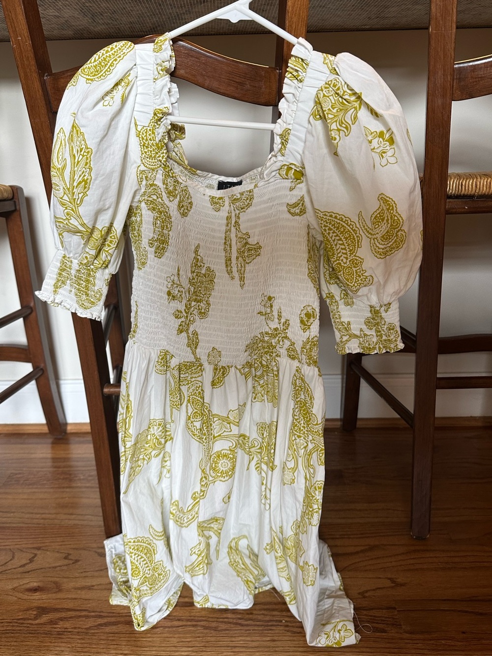 White & Green Smocked Dress with Yellow Paisley Print